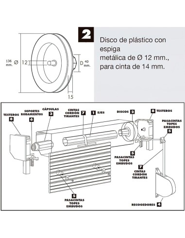 Disco Persiana Plastico Espiga Metalica 136x40 mm. Cinta 14 mm.
