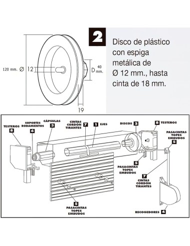 Disco Persiana Plastico Espiga Metal 120x40 mm. Cinta 18 mm.