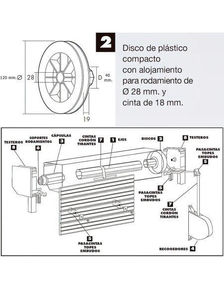 Disco Persiana Plastico Compacto para Rodamieto 120x40 mm. Cinta 18 mm.