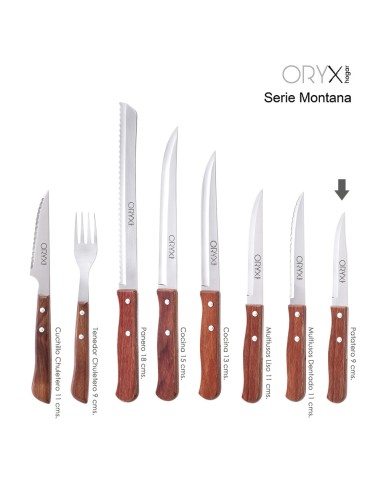 Cuchillo Montana Patatero Hoja Acero Inoxidable 9 cm. Mango madera (Blister 3 piezas)