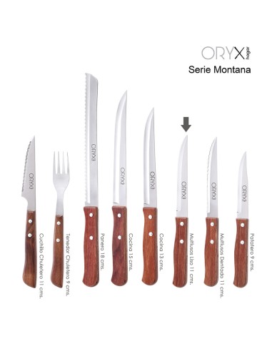 Cuchillo Montana Multiusos Hoja Sierra Acero Inoxidable 11 cm. Mango Madera (Blister 3 piezas)