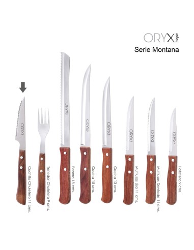 Cuchillo Montana Chuletero Hoja Acero Inoxidable 9 cm. Mango Madera (Blister 3 Piezas)