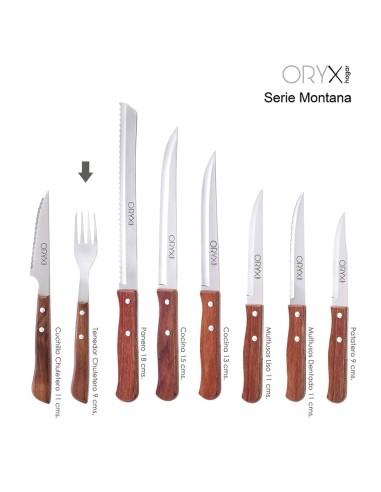 Tenedor Montana Chuletero Acero Inoxidable 9 cm. Mango Madera (Blister 3 Piezas)