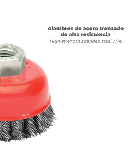 Cepillo Taza Con Alambre De Acero Trenzado Rosca M14, Ø 75 mm. Alambre de Ø 0,50 mm.