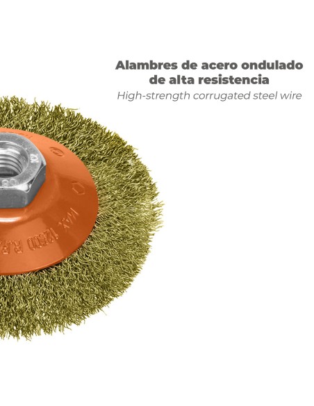 Cepillo Oblicuo Con Alambre De Acero Latonado Rosca M14, Ø 100 mm. Alambre de Ø 0,30 mm.