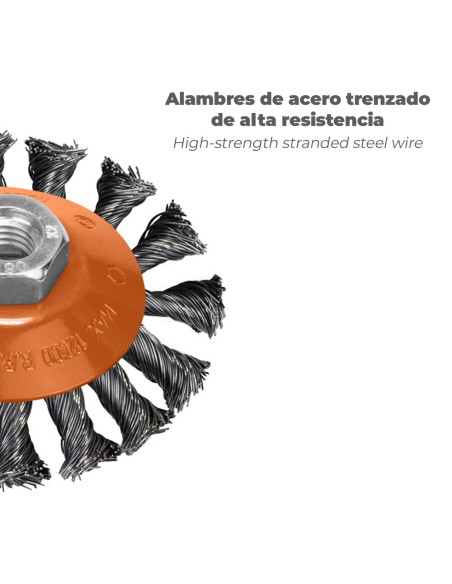 Cepillo Oblicuo Con Alambre De Acero Trenazdo Rosca M14, Ø 100 mm. Alambre de Ø 0,30 mm.