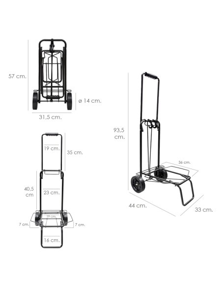 Carretilla Plegable Metalica De Carga - Porta Maletas Con Cuerda Elastica 93,5x33x44 cm. Carro De Transporte 50 Kg.