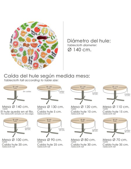 Mantel Hule Redondo Frutas Fantasia Impermeable Antimanchas PVC Ø 140 cm. Uso Interior y Exterior