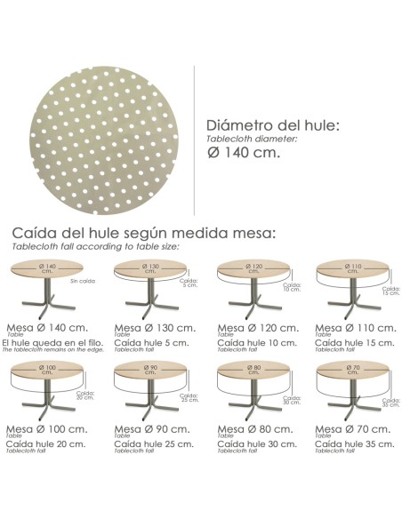 Mantel Hule Redondo Topos Beige Impermeable Antimanchas PVC Ø140 cm. Uso Interior y Exterior