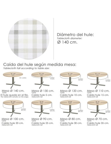 Mantel Hule Redondo Cuadros Beige Impermeable Antimanchas PVC Ø 140 cm. Uso Interior y Exterior