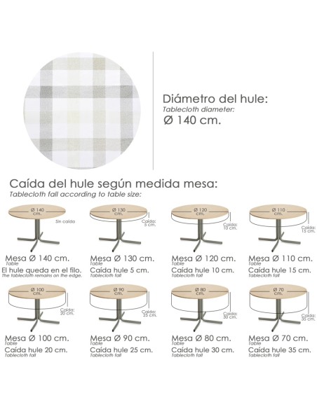 Mantel Hule Redondo Cuadros Beige Impermeable Antimanchas PVC Ø 140 cm. Uso Interior y Exterior