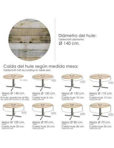 Mantel Hule Redondo Tablones Madera Impermeable Antimanchas PVC Ø 140 cm. Uso Interior y Exterior