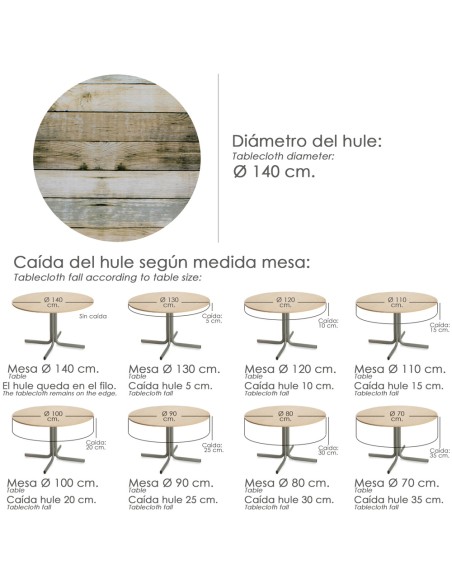 Mantel Hule Redondo Tablones Madera Impermeable Antimanchas PVC Ø 140 cm. Uso Interior y Exterior
