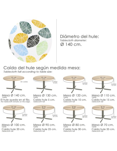 Mantel Hule Redondo Hojas Colores Impermeable Antimanchas PVC Ø 140 cm. Uso Interior y Exterior