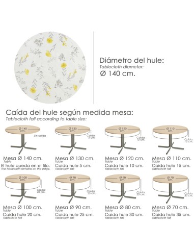 Mantel Hule Redondo Flores Amarillas Impermeable Antimanchas PVC Ø140 cm. Uso Interior y Exterior
