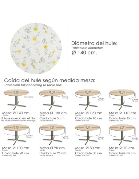 Mantel Hule Redondo Flores Amarillas Impermeable Antimanchas PVC Ø140 cm. Uso Interior y Exterior