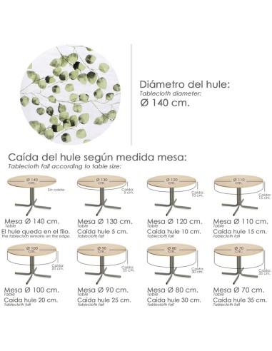 Mantel Hule Redondo Hojas Verdes Impermeable Antimanchas PVC Ø140 cm. Uso Interior y Exterior