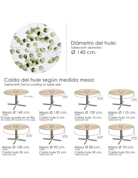 Mantel Hule Redondo Hojas Verdes Impermeable Antimanchas PVC Ø140 cm. Uso Interior y Exterior