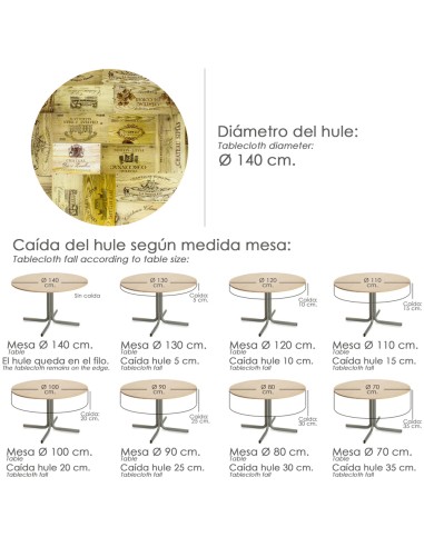 Mantel Hule Redondo Tablones Vino Impermeable Antimanchas PVC Ø 140 cm. Uso Interior y Exterior