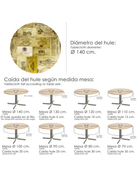 Mantel Hule Redondo Tablones Vino Impermeable Antimanchas PVC Ø 140 cm. Uso Interior y Exterior