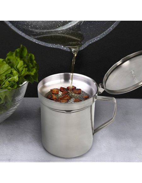 Grasera Acero Inoxidable Para Carne, Aceitera Aceite Usado 1,0 Lts. Con Colador y Tapa, Recipiente Reciclaje Aceite Usado Carne