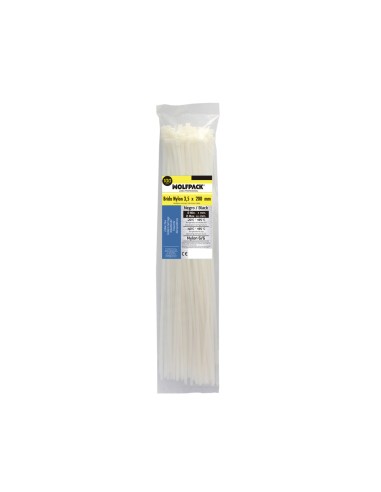 Brida Nylon 100%. Color Blanco / Natural 3,5 x 200 mm. 100 Piezas. Abrazadera Plastico, Organizador Cables, Alta Resistencia