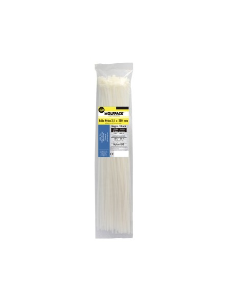 Brida Nylon 100%. Color Blanco / Natural 3,5 x 200 mm. 100 Piezas. Abrazadera Plastico, Organizador Cables, Alta Resistencia