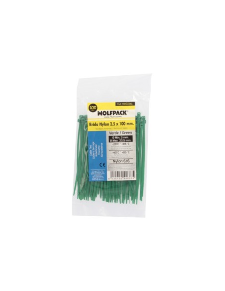 Brida Nylon 100%. Color Verde 2,5 x 100 mm. Bolsa 100 Unidades. Abrazadera Plastico, Organizador Cables, Alta Resistencia