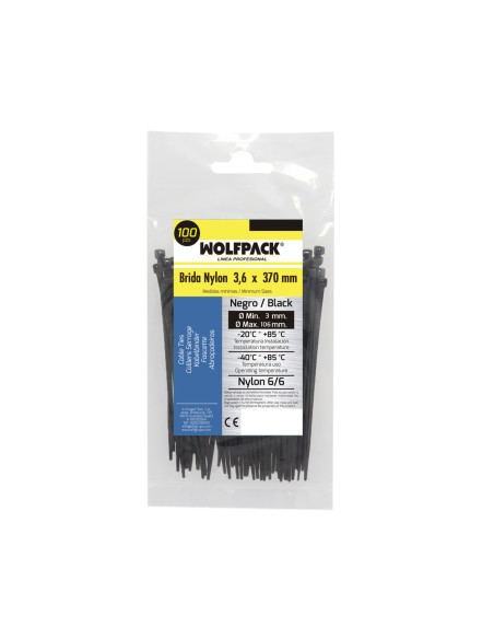 Brida Nylon 100%. Color Negro 3,6 x 370 mm. Bolsa 100 unidades. Abrazadera Plastico, Organizador Cables, Alta Resistencia