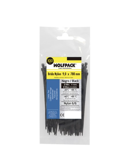 Brida Nylon 100%. Color Negro 9,0 x 780 mm. Bolsa 100 unidades. Abrazadera Plastico, Organizador Cables, Alta Resistencia