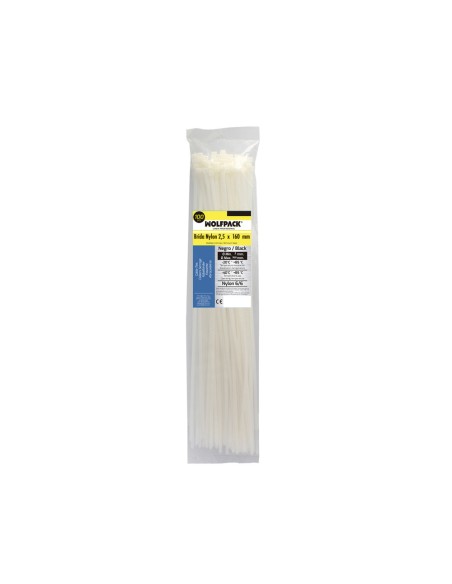 Brida Nylon 100%. Color Blanco / Natural 2,5 x 160 mm. 100 Piezas. Abrazadera Plastico, Organizador Cables, Alta Resistencia