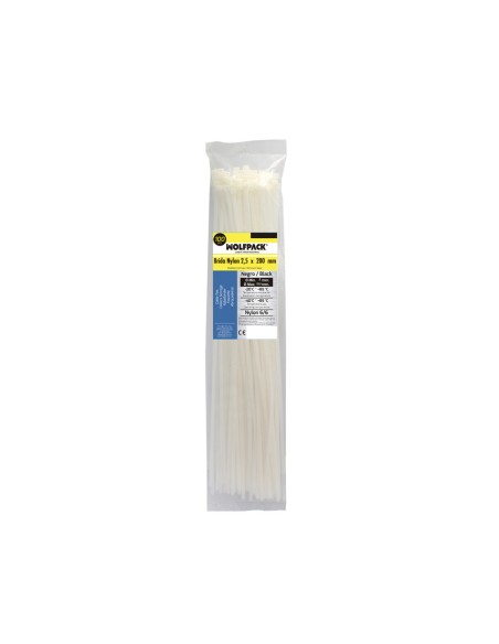 Brida Nylon 100%. Color Blanco / Natural 2,5 x 200 mm. 100 Piezas. Abrazadera Plastico, Organizador Cables, Alta Resistencia