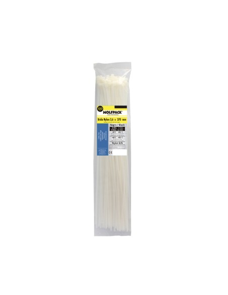 Brida Nylon 100%. Color Blanco / Natural 3,6 x 370 mm. 100 Piezas. Abrazadera Plastico, Organizador Cables, Alta Resistencia