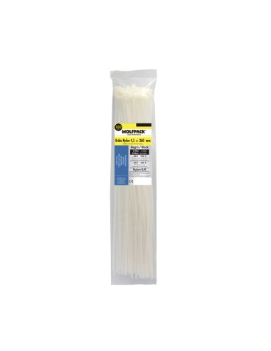 Brida Nylon 100%. Color Blanco / Natural 4,5 x 360 mm. 100 Piezas. Abrazadera Plastico, Organizador Cables, Alta Resistencia