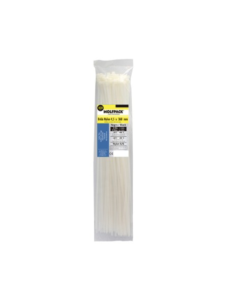 Brida Nylon 100%. Color Blanco / Natural 4,5 x 360 mm. 100 Piezas. Abrazadera Plastico, Organizador Cables, Alta Resistencia
