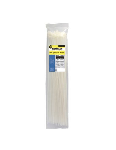 Brida Nylon 100%. Color Blanco / Natural 7,5 x 360 mm. 100 Piezas. Abrazadera Plastico, Organizador Cables, Alta Resistencia