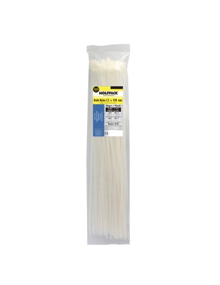 Brida Nylon 100%. Color Blanco / Natural 7,5 x 450 mm. 100 Piezas. Abrazadera Plastico, Organizador Cables, Alta Resistencia