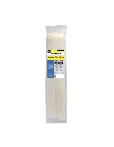 Brida Nylon 100%. Color Blanco / Natural 7,8 x 540 mm. 100 Piezas. Abrazadera Plastico, Organizador Cables, Alta Resistencia