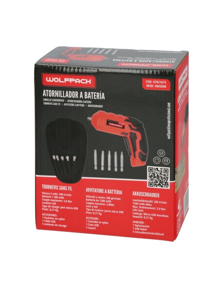 Atornillador 4 V. Con Led, Funda y 5 Destorpuntas, Bateria Recargable USB