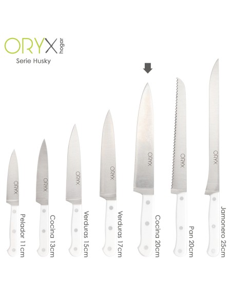 Cuchillo Husky Cocina 20 cm. Hoja Acero Inoxidable, Cuchillo Carne, Cuchillo Pescado, Cuchillo Chef, Mango Ergonomico Blanco