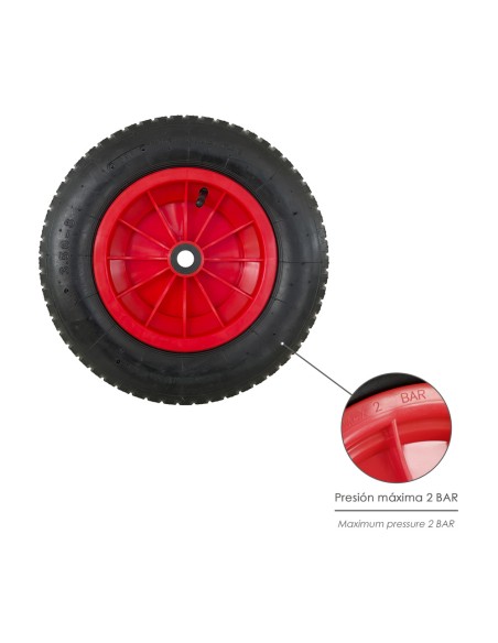 Rueda Carretilla Invernadero Neumática Llanta Plástico, Ø 370 mm. Eje Ø 20 mm.