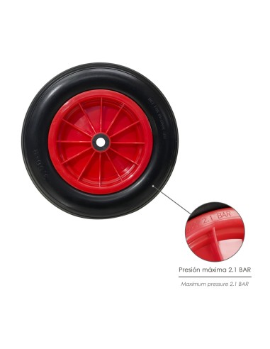Rueda Carretilla Invernadero Poliuretano Impinchable Llanta Plástico, Ø 360 mm. Eje Ø 20 mm.