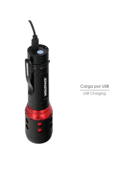 Linterna LED De Mano Mini Aluminio Recargable USB (1.200 mah) 500 Lumenes 5 Watt. Con Función Zoom y Clip Sujeción
