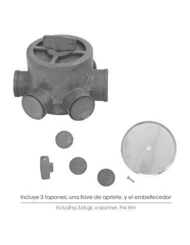 Bote Sifónico PVC Tuberias Ø 110 mm. Salidas Ø 50 y 40 mm. Altura 105 mm.