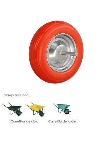 Rueda Carretilla Obra / Jardin Maciza Llanta Acero "Plus" Naranja Impinchable, Rueda Carretilla Con Eje Ø 19 mm Rueda Ø 35 cm