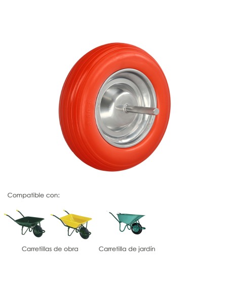Rueda Carretilla Obra / Jardin Maciza Llanta Acero "Plus" Naranja Impinchable, Rueda Carretilla Con Eje Ø 19 mm Rueda Ø 35 cm