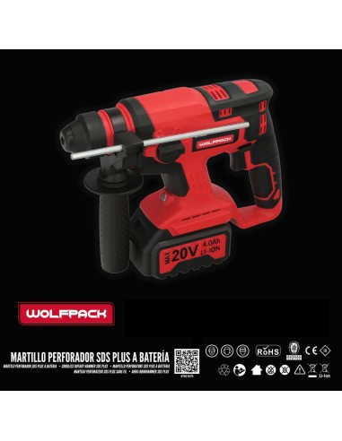 Martillo SDS PLUS A Bateria 20 Volt. Con Bateria 4.0 Ah. 1.400 R.P.M. 3 Funciones Cincelar, Perforar y Perforar con Martillo