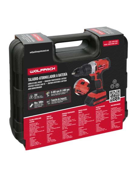 Taladro Atornillador 20 V. Con 2 Velocidades y Percutor. Bateria 2 Ah. Par Apriete 50 Nm.