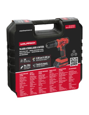 Taladro Atornillador 20 V. Con 2 Velocidades y Percutor. Bateria 2 Ah. Par Apriete 35 Nm.