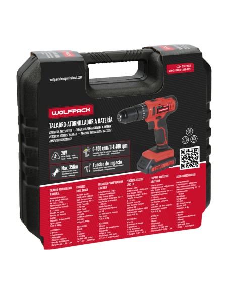 Taladro Atornillador 20 V. Con 2 Velocidades y Percutor. Bateria 2 Ah. Par Apriete 35 Nm.